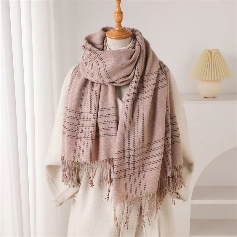 Woven Scarf Blanket - 女性用、スコットランド風のフリンジ付き冬用マフラー、タッセル付きパシュミナショール、長めのデザイン、秋にふさわしい上品なブランケット。