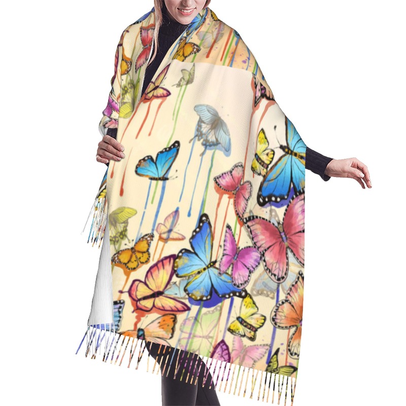 Woven Scarf Blanket - レトロな蝶柄の冬用カシミヤスカーフ、女性用高級プリントショール、厚手で暖かいブランケット、ギフトに最適