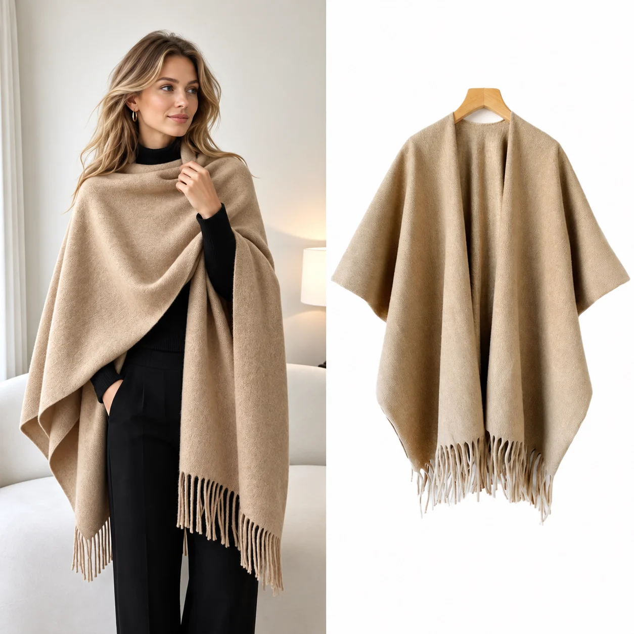 冬用ショールケープ、女性用、厚手で暖かい、フリンジ付きポンチ - Woven Scarf Blanket のレビューと価格