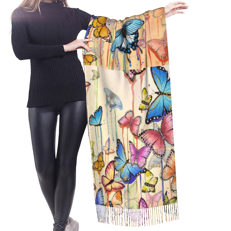 レトロな蝶柄の冬用カシミヤスカーフ、女性用高級プリントショー - Woven Scarf Blanket のレビューと価格